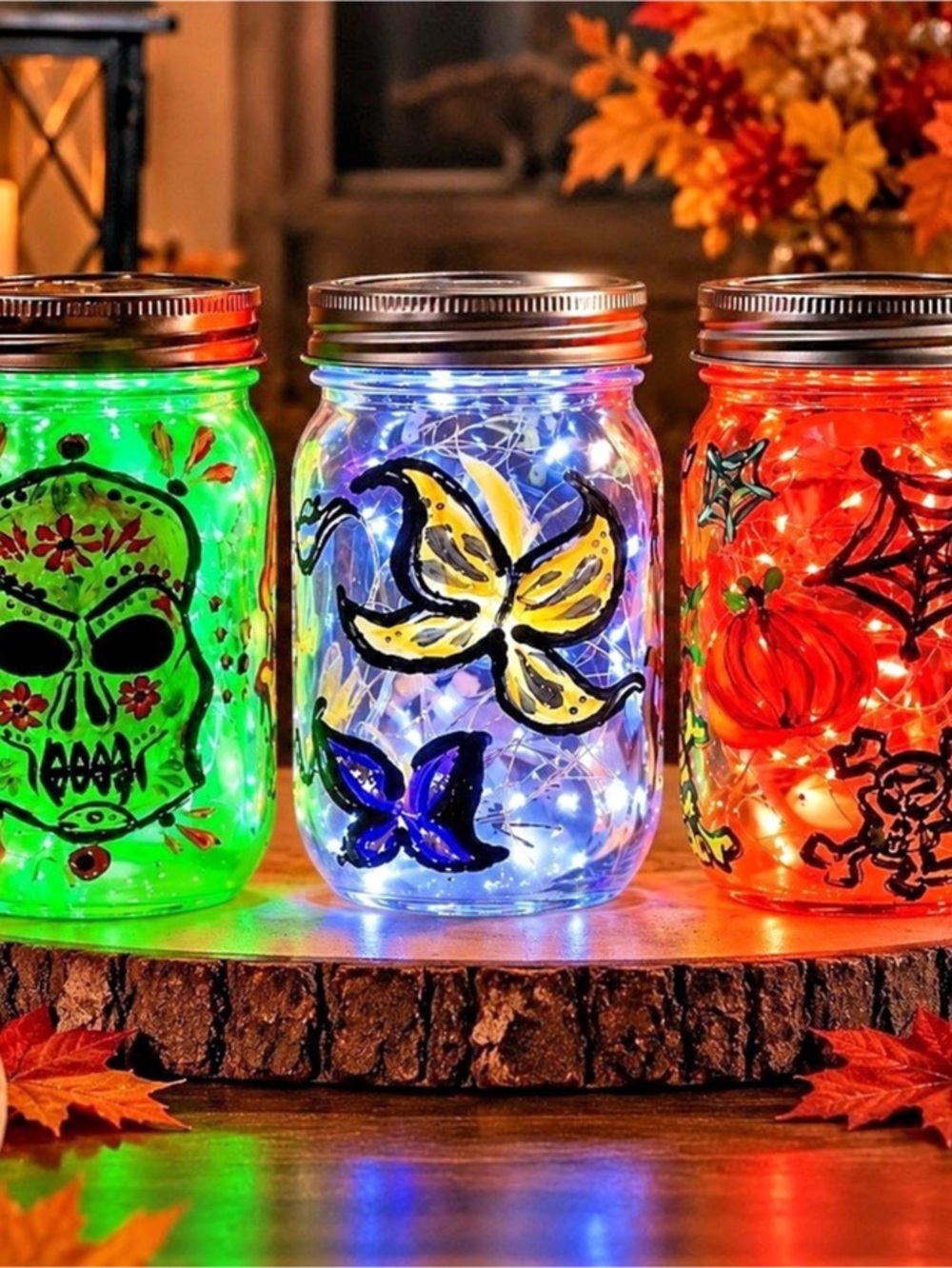 Halloween & Spring Handpainted Jars with String Lights